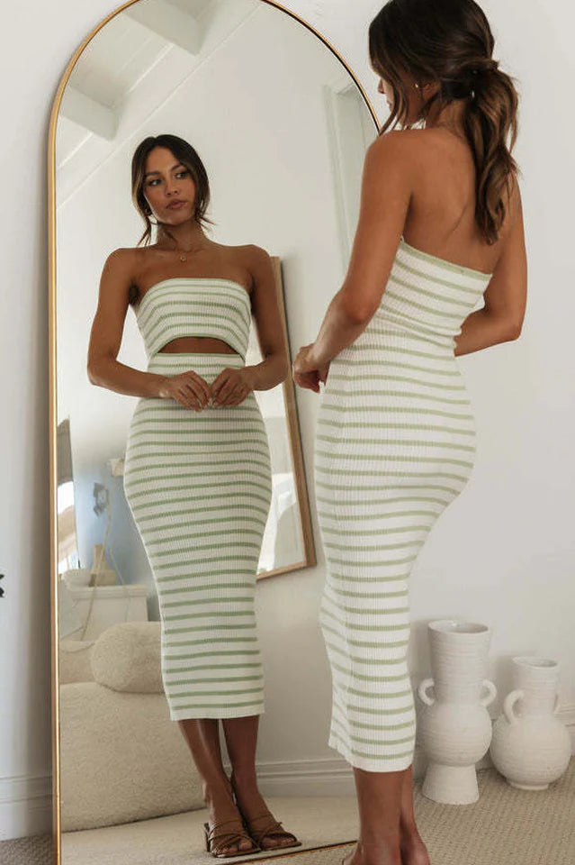 Adelaide Stripe Cutout Rib Midi Tube Dress
